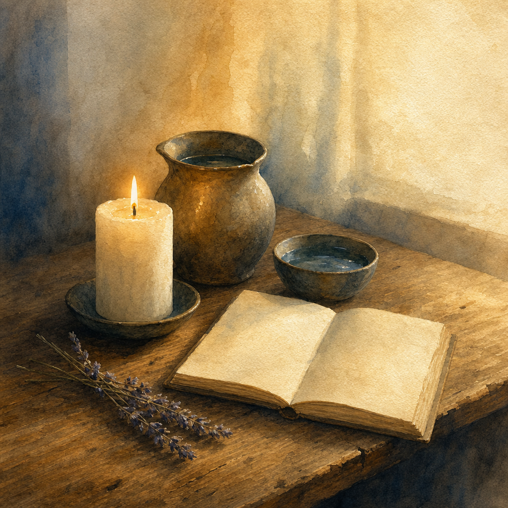 An open book and candle in a peaceful reading space